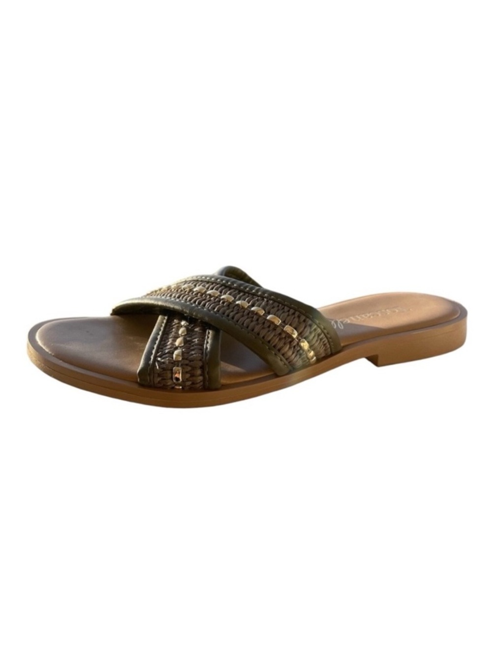 Toscanella Made In Italy Flat Sandals Beaded Army Green Leather Strap Size 8